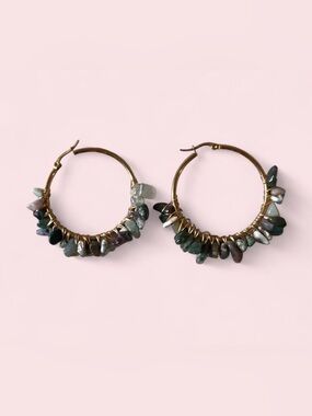 NEW Handmade Gold Hoop Earrings Wired Colorful Stones Hypoallergenic Boho Hoops
